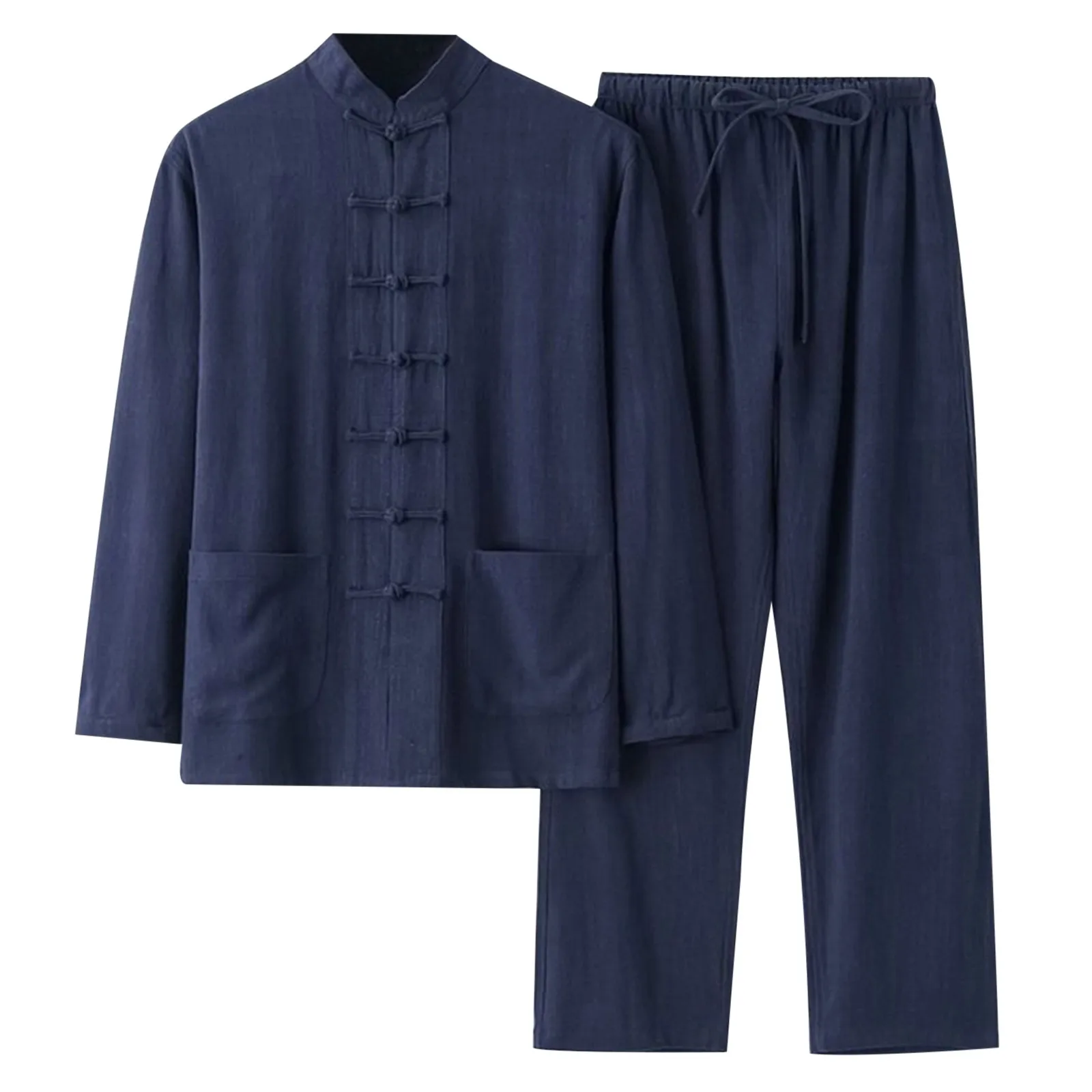 Autumn Winter Men's Chinese Style 2 Piece Pajama Set Cotton And Linen Shirt And Pant Set Men Sleepwear Tai Chi Tang Suit