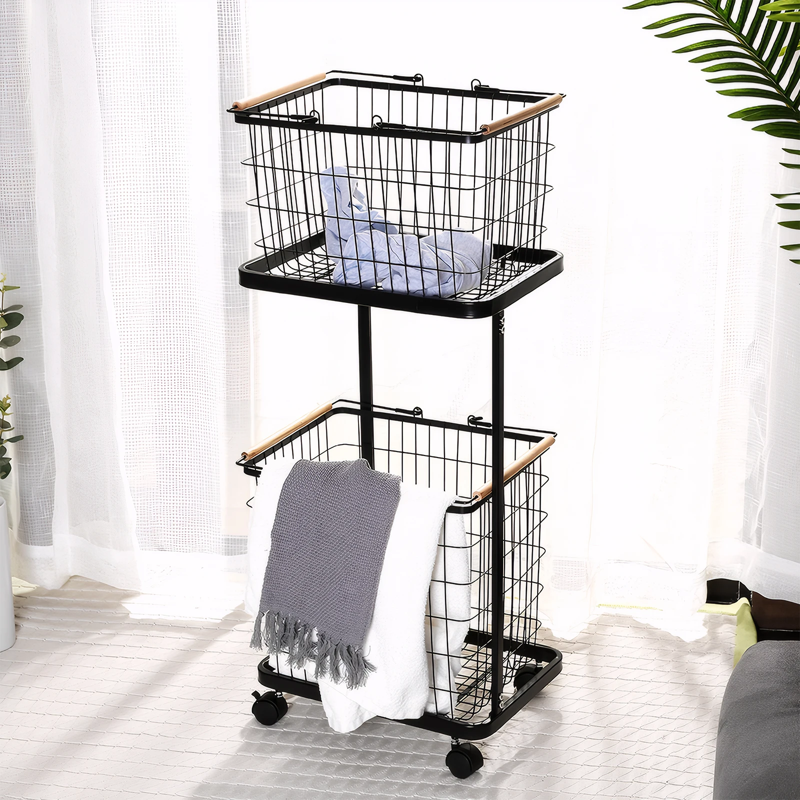 2 Tier Rolling Laundry Basket with Wheels Metal Storage Cart Laundry Hamper Trolley for Laundry Room Bathroom Bedroom
