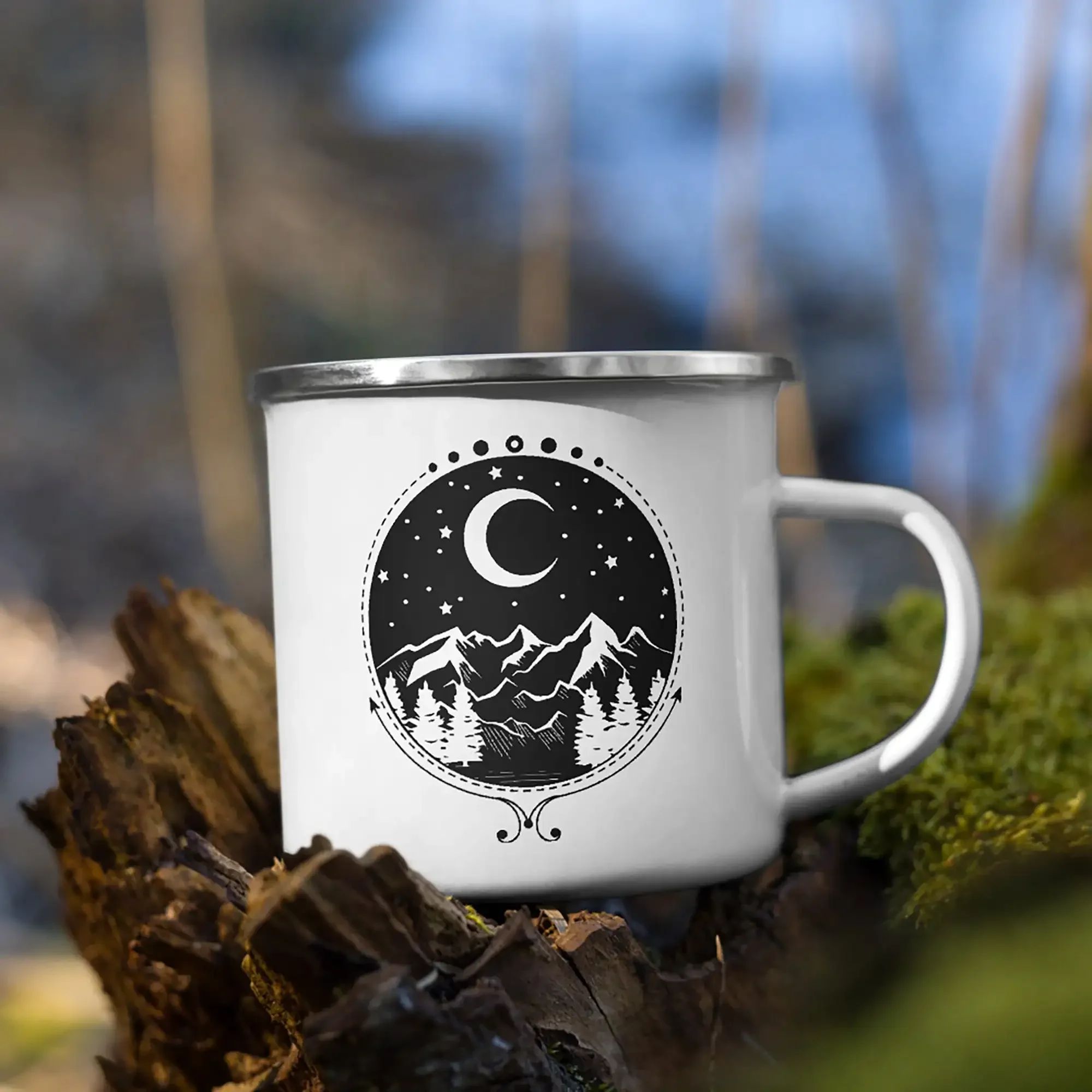 Starry Night Sky White Enamel Mug 11Oz Camper Mug Nature Lover Wanderlust Adventure Ti Aspetta Mountain Camping Escursionismo Gif Di Natale
