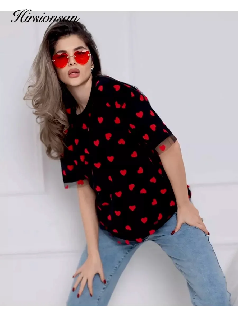 Heart Mesh Patchwork Vintage Chic T-Shirt - Women's Casual Cotton Short Sleeve Tops