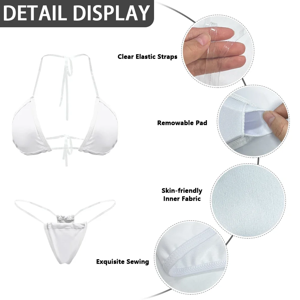 Women's Halterneck Micro Thong Bikini, 2 Piece Swimsuit, Mini Tie Back, Clear Straps Swimwear, Clubwear, Queen of Spades
