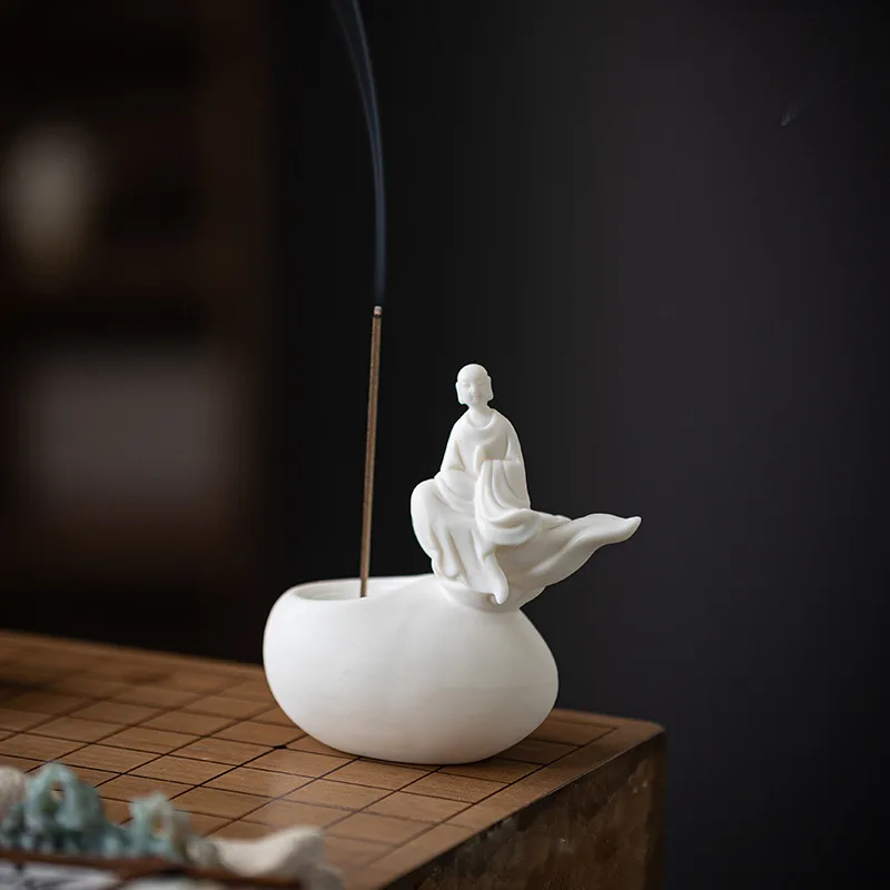 White Buddha Incense Burner Ceramic Tray Chinese White Porcelain Statue Incense Holder Meditation & Aromatherapy Decor