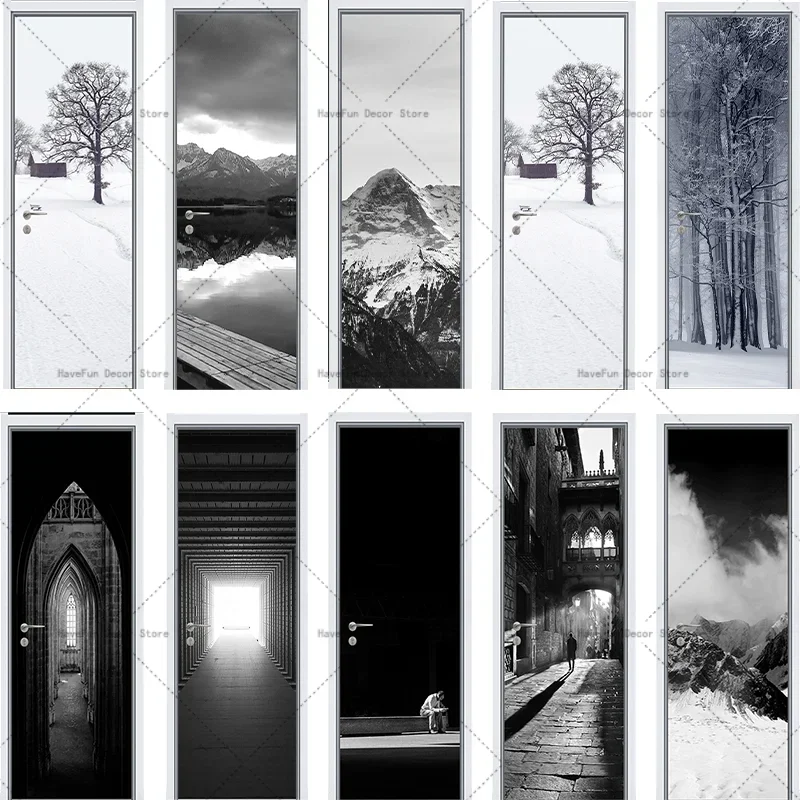 

Vinyl Home Living Room Decorative Design Decal Black and White Ink Door Sticker Vintage Home Decor Art Mural Door Sticker