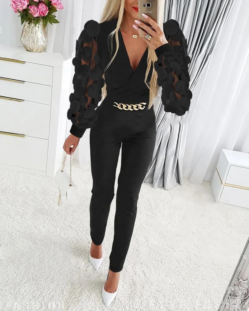 

Jump Suits for Women Streetwear 2023 Spring/autumn New Fashion Versatile Solid Slim Fit Long Sleeve V-neck Chain Style Jumpsuit