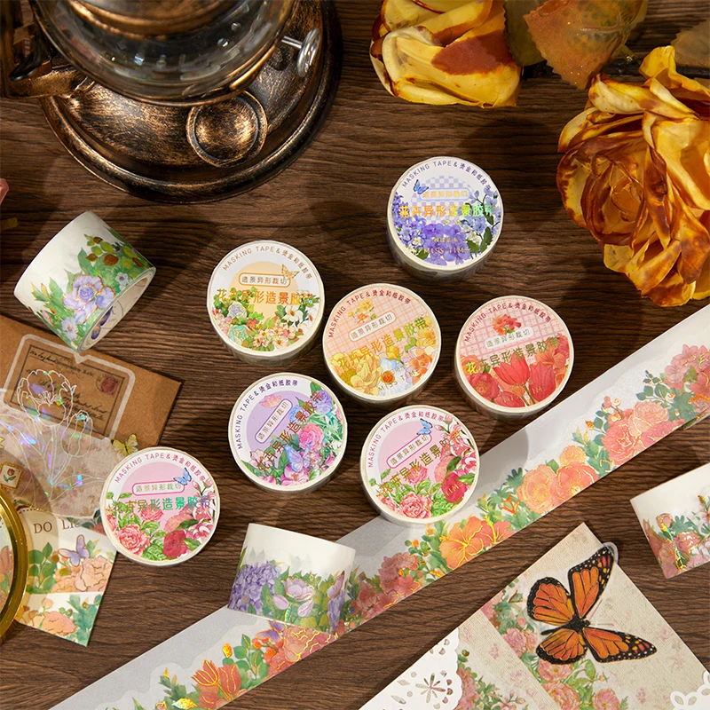 

Assorted Flower Gold Stamping Laser Washi Tape Aesthetic Sketchbook DIY Hand Account Collage Accessories Scrapbooking Supplies