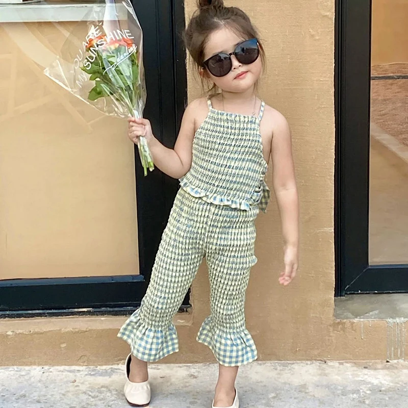 

Children Clothing Set Checkered New Korean Style Baby Suspenders Backless Top Flared Pants 2-Piece Set