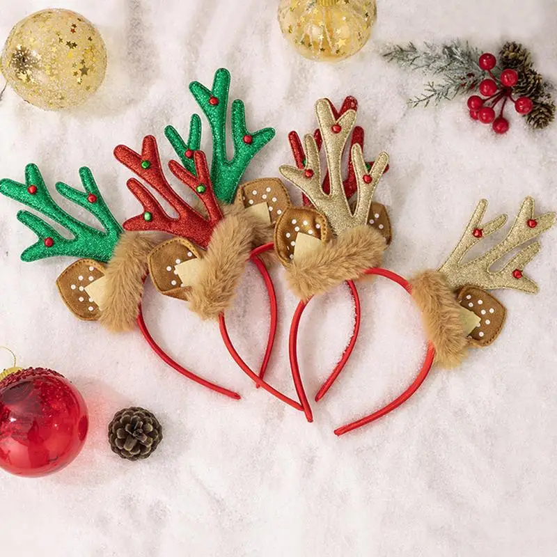 3pcs Christmas Headbands Hair Hoop Girls Plush Reindeer Antlers Deer Ear Xmas Party Headbands Festival Hair Accessories Gifts