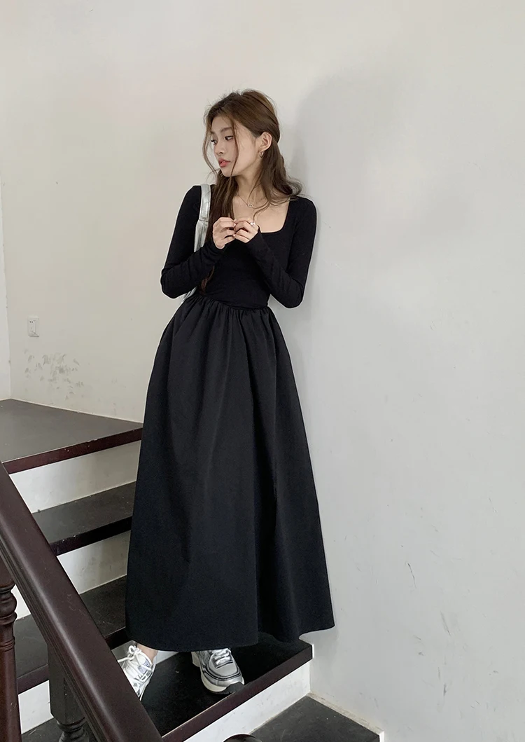 Casual Knitted Midi Dresses for Women Solid Long Sleeves Square Collar A-line Autumn New Elegant Dress Female Slim Vestidos