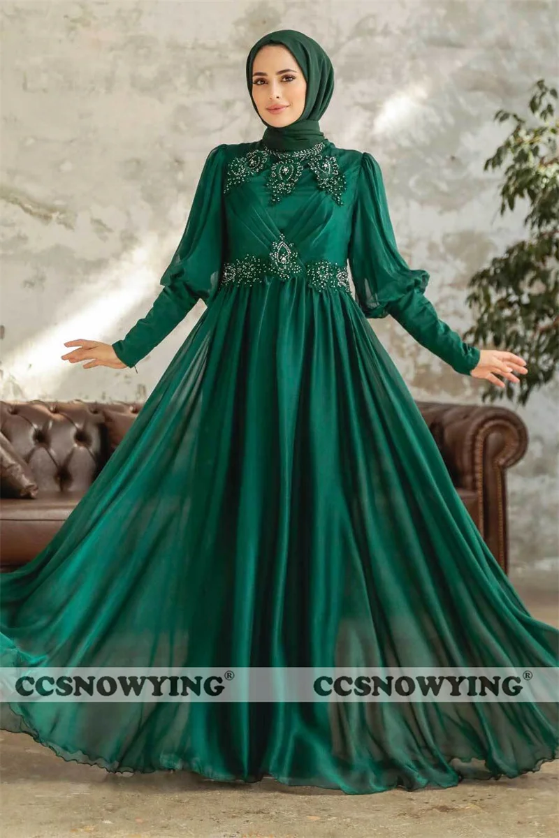 

Chiffon Appliques Muslim Hijab Evening Dresses High Neck Long Sleeve Prom Formal Party Gown Islamic Kaftan Robes De Soirée