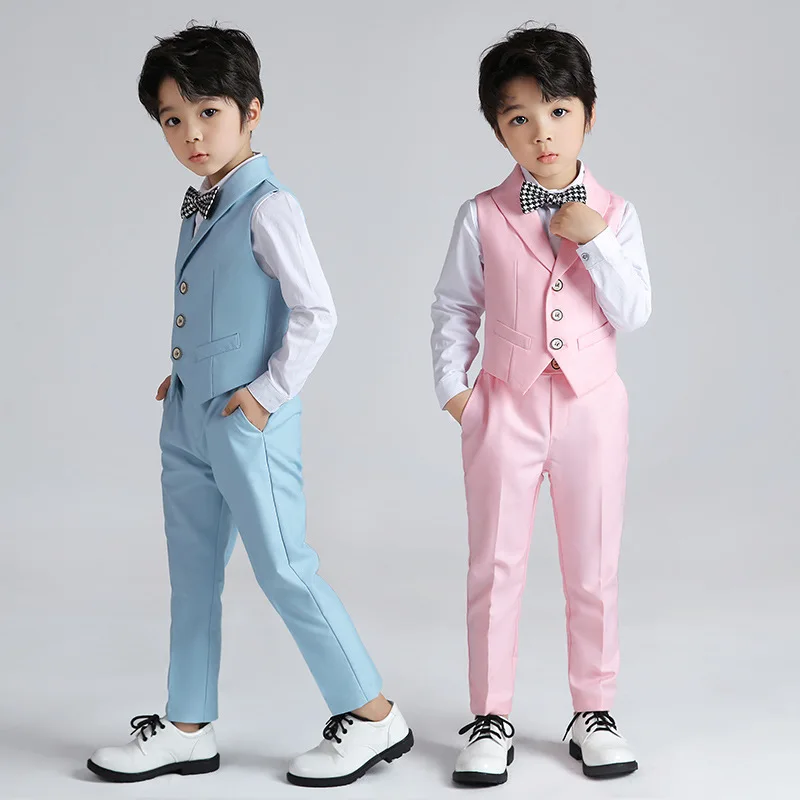 

Pinks Boys Wedding Suit Baby Kids Vest Shirt Pants Bowtie 4PCS Photography Child Birthday Ceremony Costume Teenager School Set