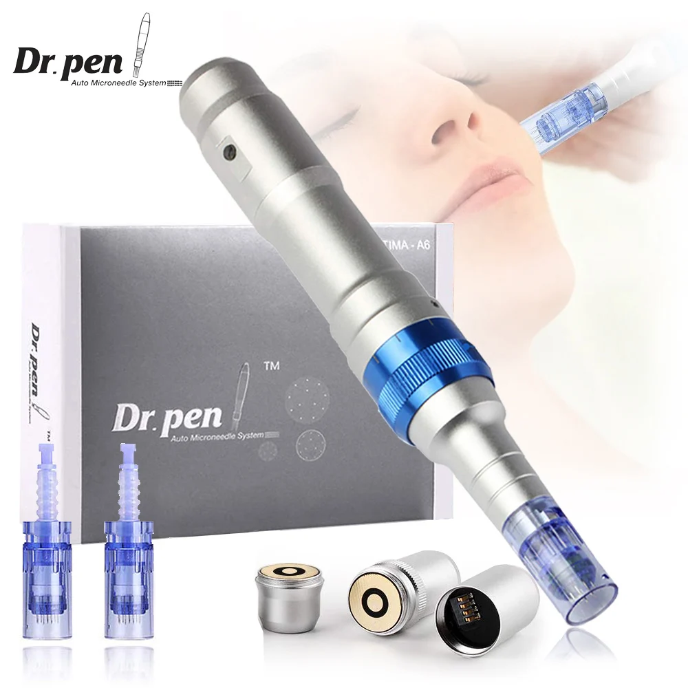 Novo profissional dr pen a6 microagulhamento derma caneta elétrica sem fio kit de ferramentas cuidados com a pele com 2 pçs cartuchos de 12 pinos agulhas