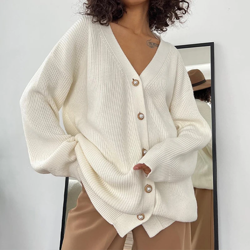 Avv Casual Knit Sweater Women Pearl Button Up Long Sleeve V Neck Cardigan  Tops Thick Baggy Autumn Winter Pure Color Sweater Coat - Cardigan -  AliExpress