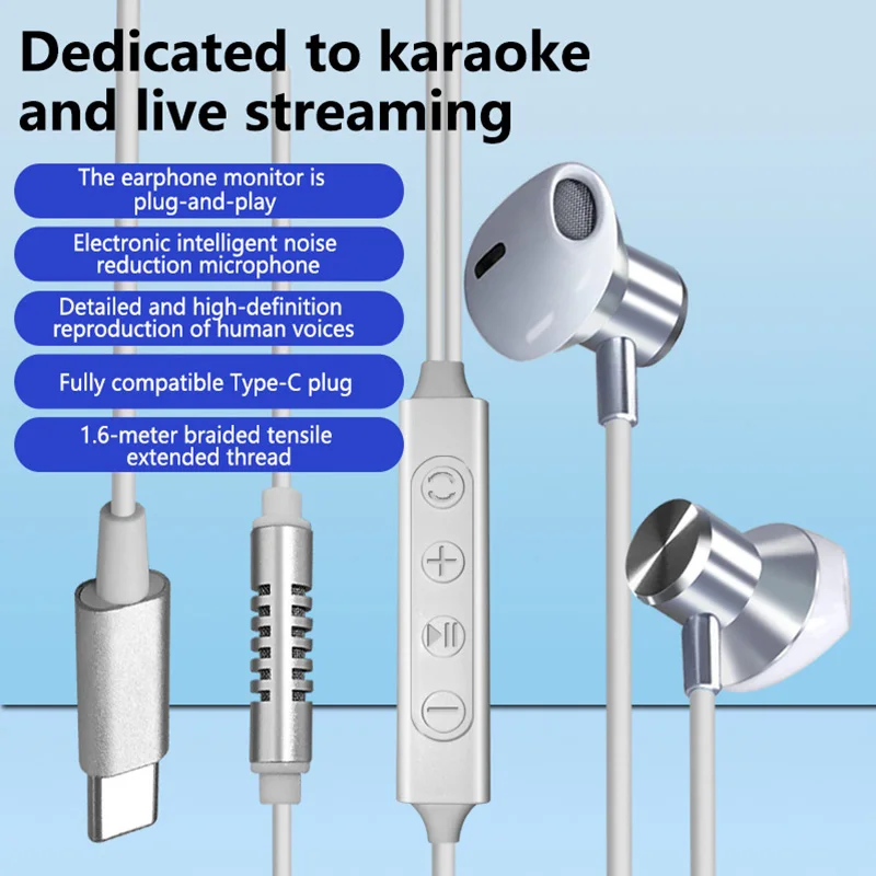 Type C Wired Noise-Canceling Karaoke Earphones with Mic for Live Performance