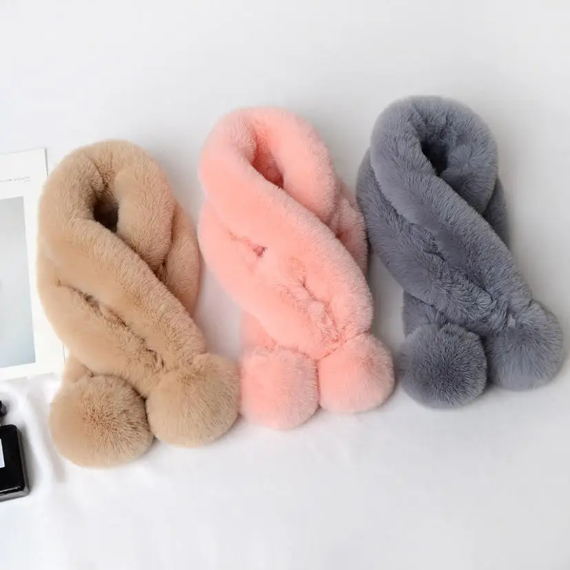 1 Pcs Women's Autumn And Winter Warm Imitation Rabbit Fur Fur Scarf Thickened Fur Ball Ball Scarf Solid Color Neck Cover