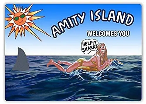 

Металлический знак Muroanmi Amity Island Акула зубной налет Забавный домашний декор для кофе или паба 8x12 дюймов