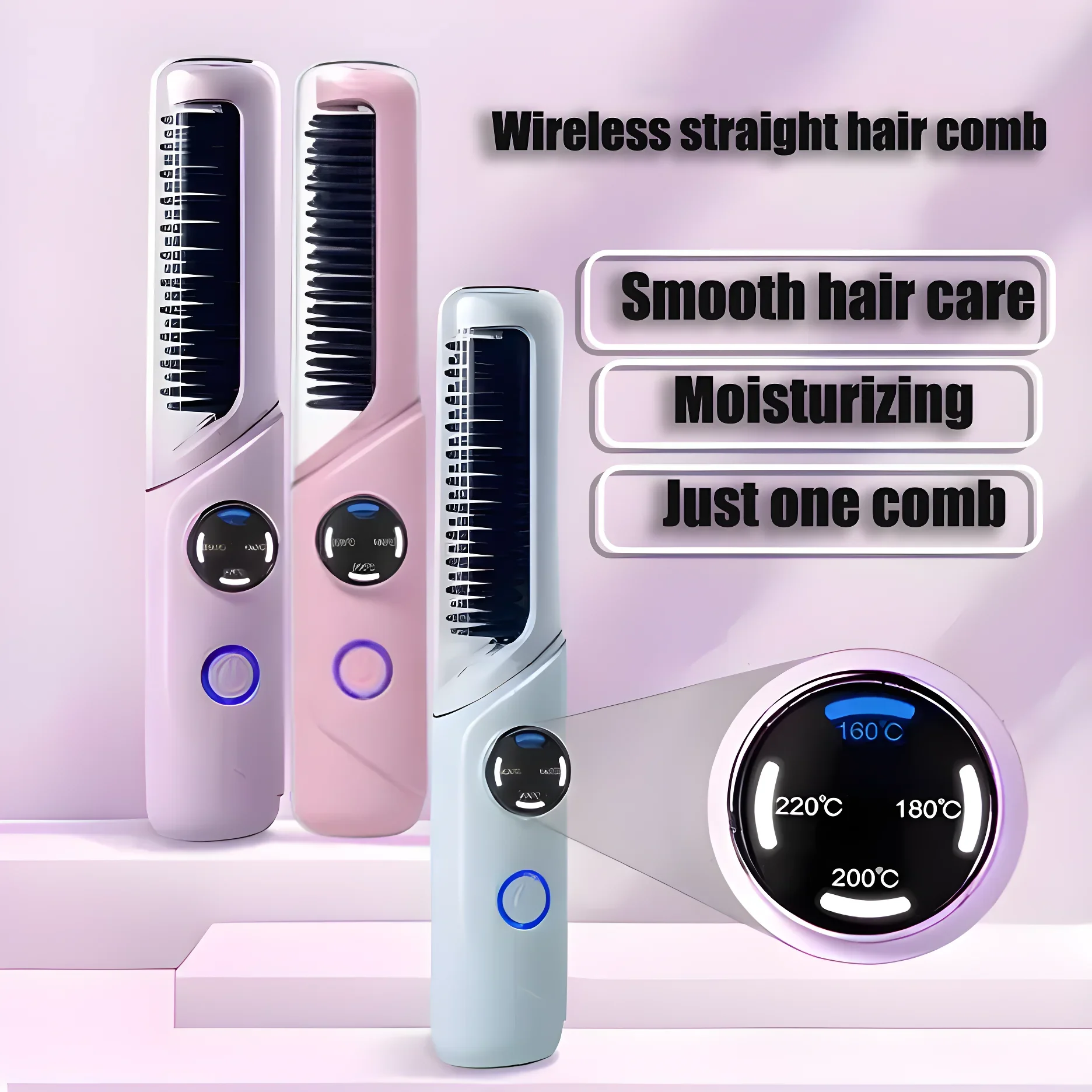 Hair Straightener Brush USB Rechargeable Cordless Negative Ions Hot Brush Electric Fluffy Curly Hair Styling Detangling Comb