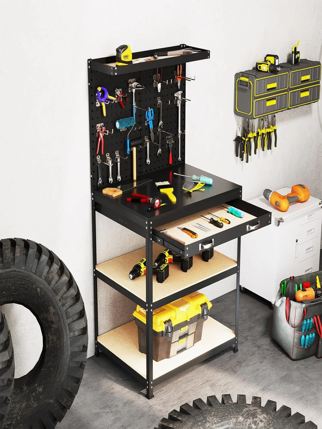 Werkbank 81 x 41 cm, 225 kg Tragfähigkeit Arbeitstisch, Arbeitstisch Werkzeugbank für Garage, Werkstatt (81 x 41 x 156 cm, Schwarz) – Detail 1