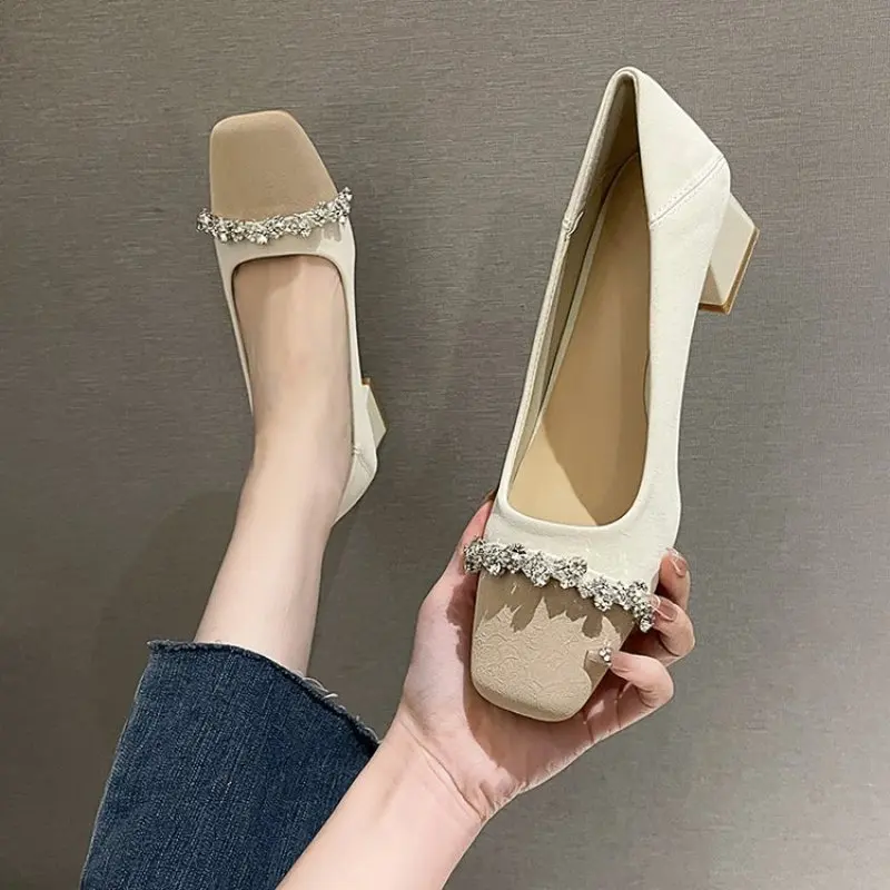 Spring and Fall Women High Heel New Fashion Korean Matching Color Stiletto Women Heels Decorat Square Heel Women Single Shoes
