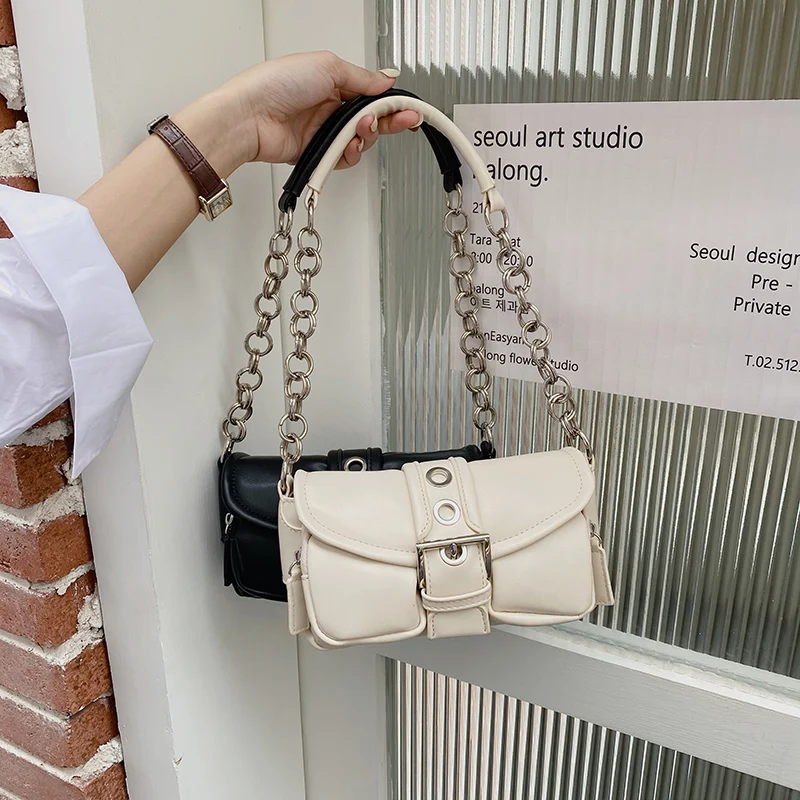 

Retro Women's Chain Small Shoulder Bag Solid Color PU Leather Ladies Underarm Bags Fashion Female Armpit Bag Tote Purse Handbags
