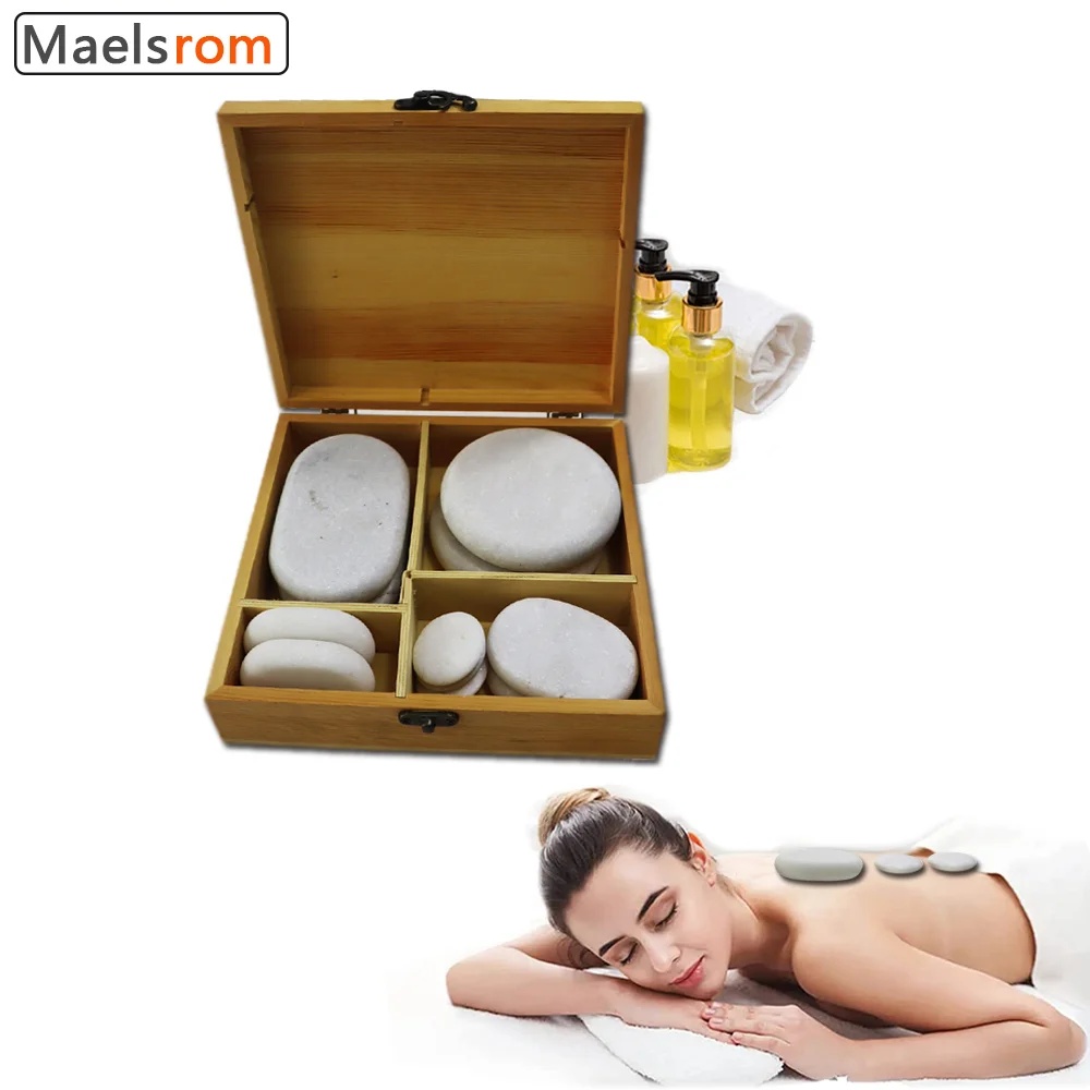 Basalt Hot Massage Stones Kit Bamboo Heater Box With16Pcs Natrual White Stones Rocks Portable Warmer Case Professional Home Spa
