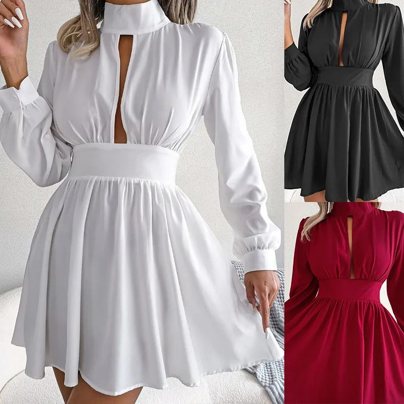 

Women Autumn Casual Hollow Out Long Sleeve A Line Dress Stand Black Red White Elegant Solid Short Dresses Ropa De Mujer Vestidos