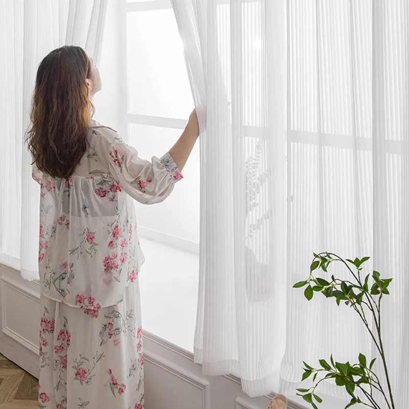 Modern Curtain Panel Semi Sheer House Decorations Window Drapes Magic Strap Punch-Free Curtains for Living Room & Bedroom TJ6557