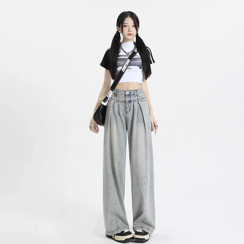 Vintage drape jeans women's spring and summer design high-waisted Spice Girls small loose straight dragging wide-legged pants