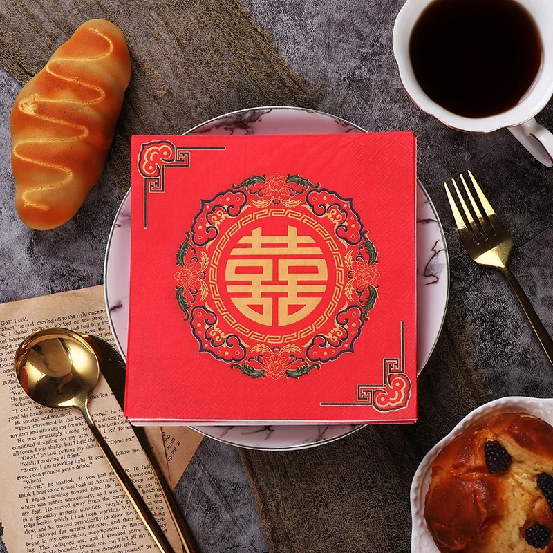 Китайские Красные двойные красочные салфетки с рисунком счастья, бумажные салфетки, свадебные бокалы для вина, Цветочная композиция из бумаги 20 шт./ПАК 2-Pl