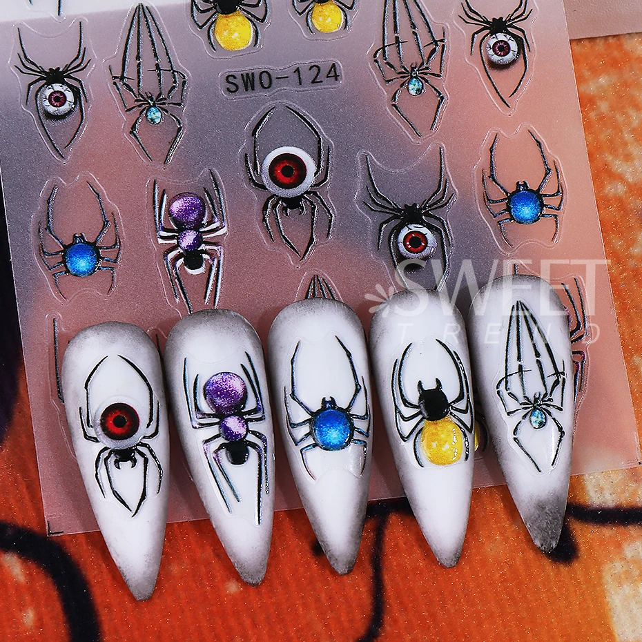 2pcs Halloween Nail Art Stickers Spider Devil's Eye Textured Self-Adhesive Design DIY Gel Polish Nail Decals Manicure Decoration