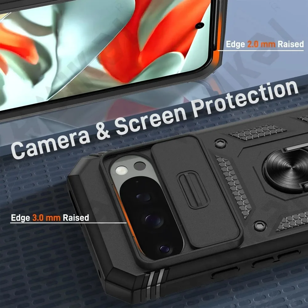 Rugged Protective Case with Finger Ring Stand and Slide Camera Cover