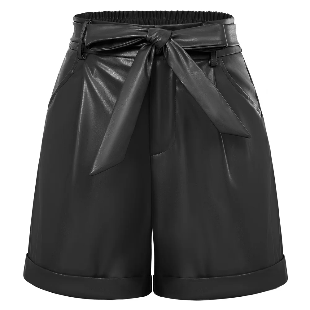 Belle Poque  Women Polyurethane Leather Shorts Elastic Waist Fold-up Leg Opening Shorts With Pockets