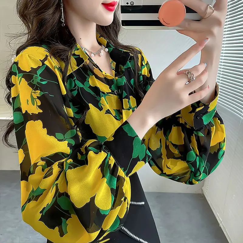 Elegant Fashion Harajuku Slim Fit Female Clothes Loose Casual All Match Tops Women Printed Button POLO Collar Long Sleeve Blusa