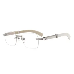 Luxury Rimless Reading Glasses with Buffalo Horn Temples - Anti Blue Light Business Eyewear (Silvery white)