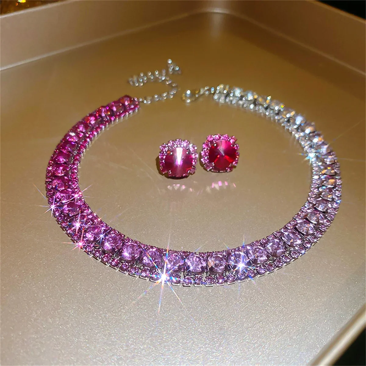 Jewelry Sets Luxury Crystal Necklace Earrings Pink ABcolourful for Women Weddings Party Accessories