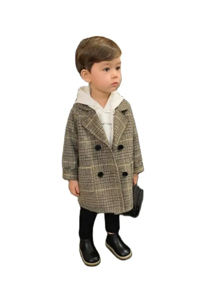 

Winter Grid Jackets Boys Girl Woolen Double-breasted Baby Boy Trench Coat Lapel Autumn Kids Outerwear Coats Spring Wool Overcoat