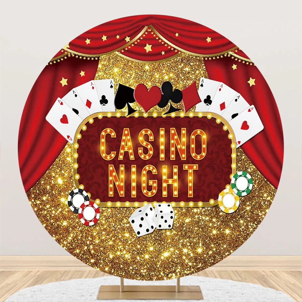 Casino Happy Birthday Party Round Photography Backdrop Las Vegas Casino Night Playing Card Golden Glitter Dice Circle Background