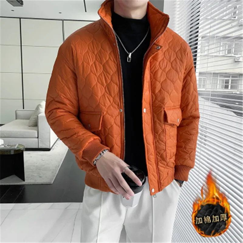 

Warm Jacket for Men Winter Chic Argyle Designer Long Sleeve Casual Outwear Stand Collar Thicken Jaqueta Couro Men Clothing 2023