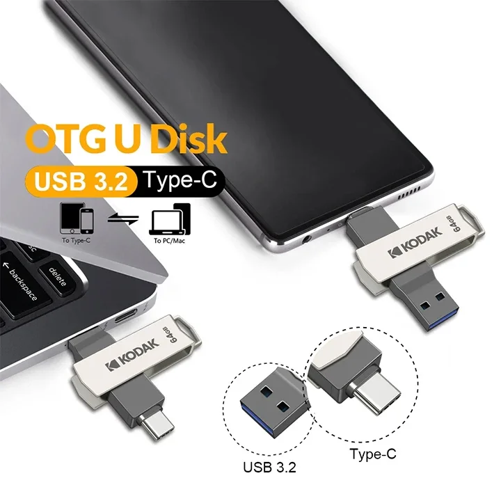 Kodak USB 3,2 Typ C Flash-Laufwerk 256GB 128GB 32GB Pen drive Hochgeschwindigkeits-Dual-Memory-Stick für Smartphone-Laptop – Detail 3