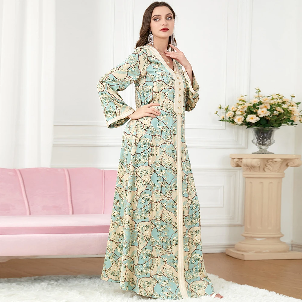 Friday Muslim Ramadan Elegant Button Decorated V Neck Floral Lace Bell Sleeves Holiday Party Loose Women's Arabic Long Dress