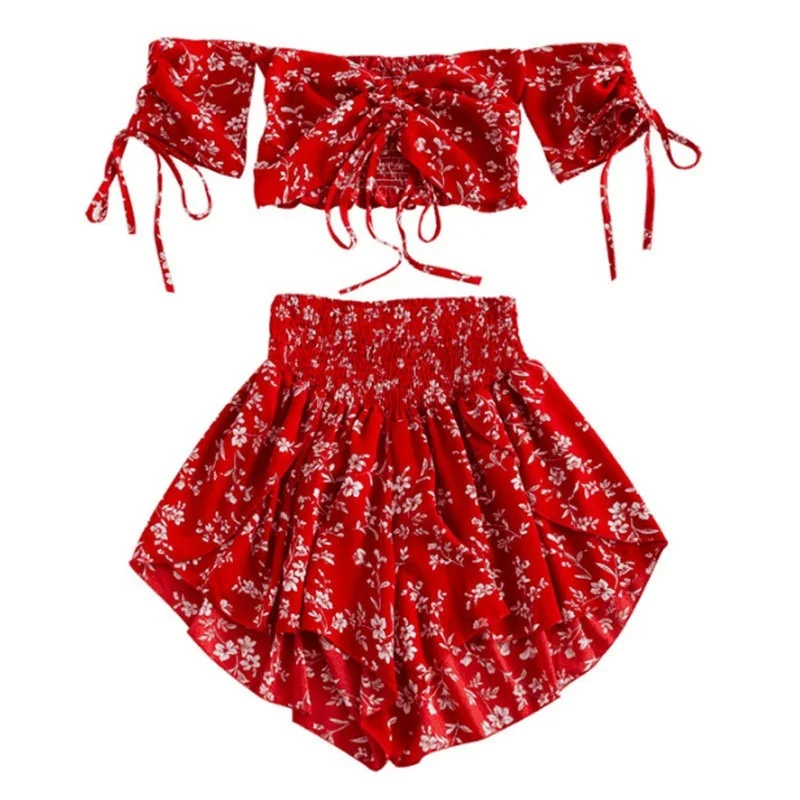 Summer Slim Chiffon Print Two Piece Sets Women Indie Short Sleeve Top + High Waist Shorts Fashion Sexy Strapless Bohemian Suit