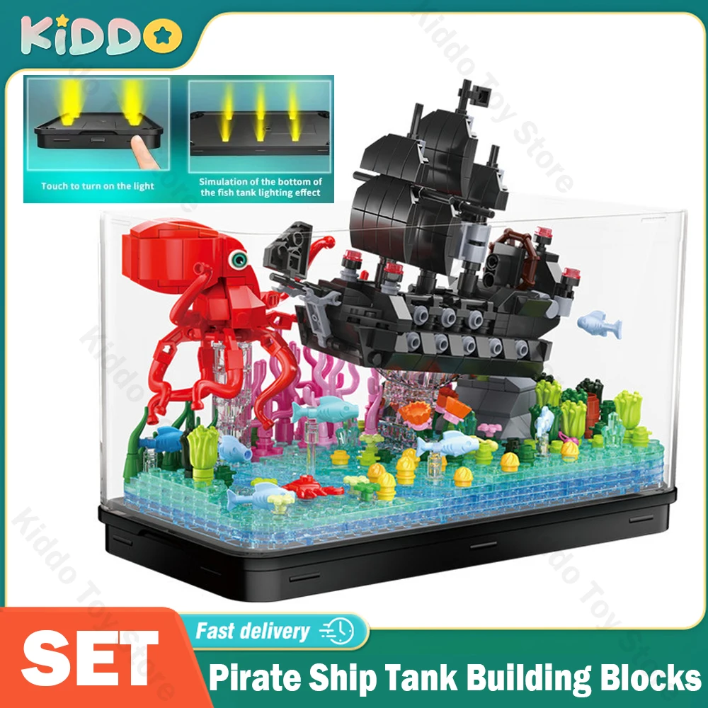

Pirate Ship Fish Tank Ornaments Micro Building Blocks DIY Sailboat Set with Light Bricks City Creative Assembly Toys for Chil