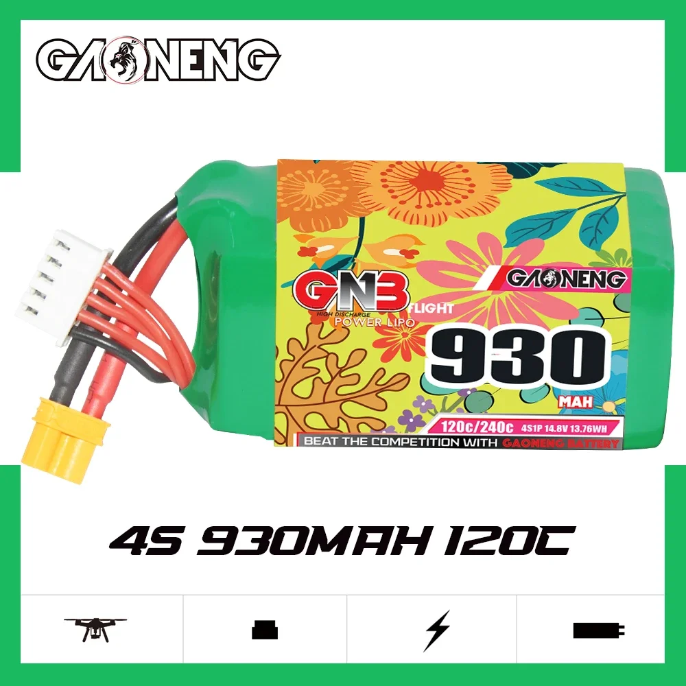 

Аккумулятор GAONENG GNB 930 мАч 4S 120C 240C 14,8 в XT30 LiPo квадратного типа Cinelog Cinewhoop, запасные части для радиоуправляемых самолетов, гоночных FPV