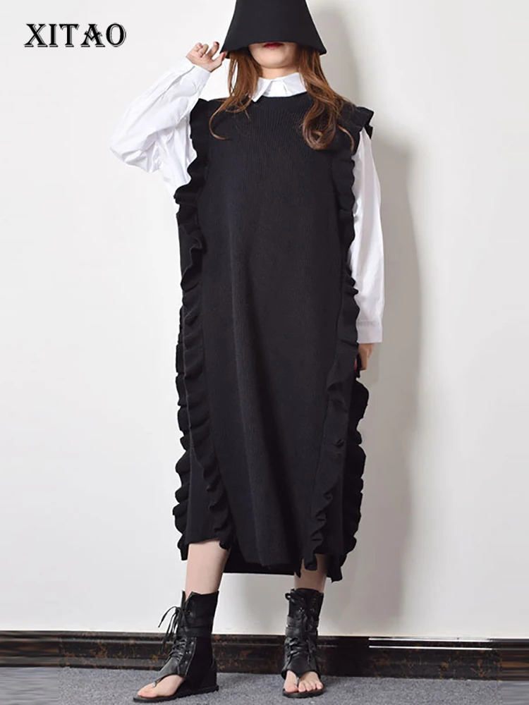 

XITAO Ruffles Sleeveless Casual Straight Knitted Dress Women 2020 Winter Fashion New Style Small Fresh O Neck Collar WLD2664