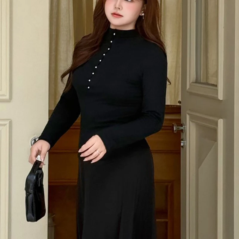 XXXXL Fashion Plus Size Women's T-Shirt Premium Pearl Modal Mock Neck Base Tees Autumn Winter Simple And Comfortable Tops