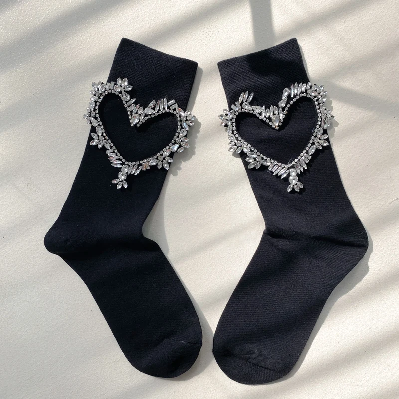 Autumn Winter Socks Luxury Handmade Shiny Rinestone Chain Bunching Socks Love Diamond Black Mid-Calf Length Ankle Boot stockings