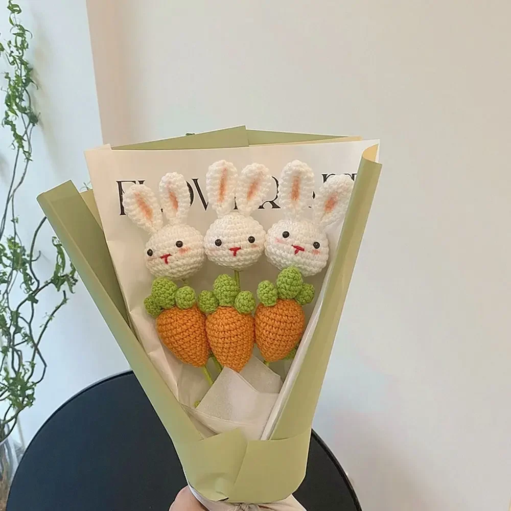 Rabbit Crochet Flowers Hand-knitted Artificial Flowers Bouquet Homemade DIY Flower Valentine's Day Gift Home Wedding Decor