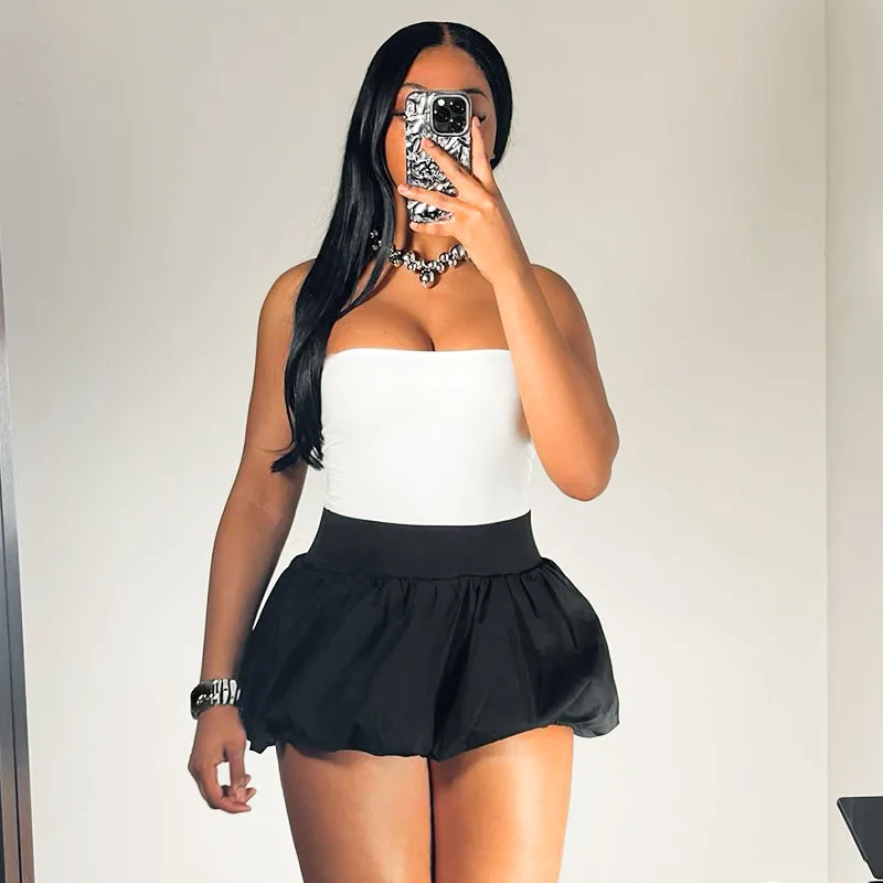 Crop Top 2 Piece Skirt Sets Elegant Luxury Mini Puff Dress 2024 Summer Clothing Sexy Club Outfit Two Piece Pleated Skirt Sets