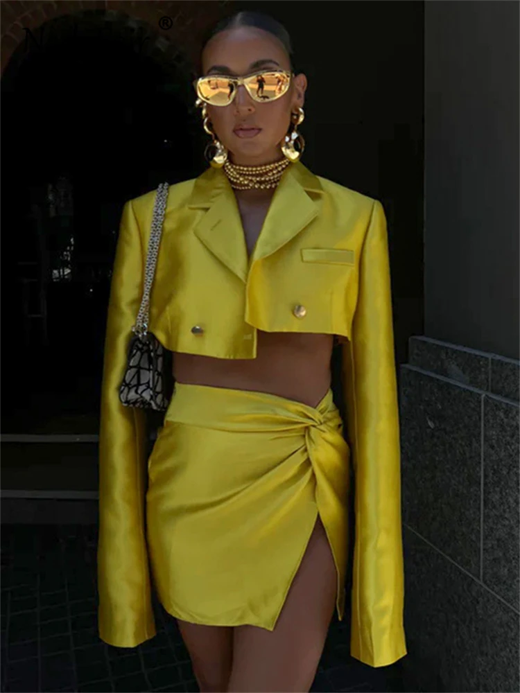 

Nadafair Women Blazers Suits Y2K Autumn Two Pieces Sets 2023 Fluorescence Tie Split Mini Skirts Office Lady Streetwear Tops