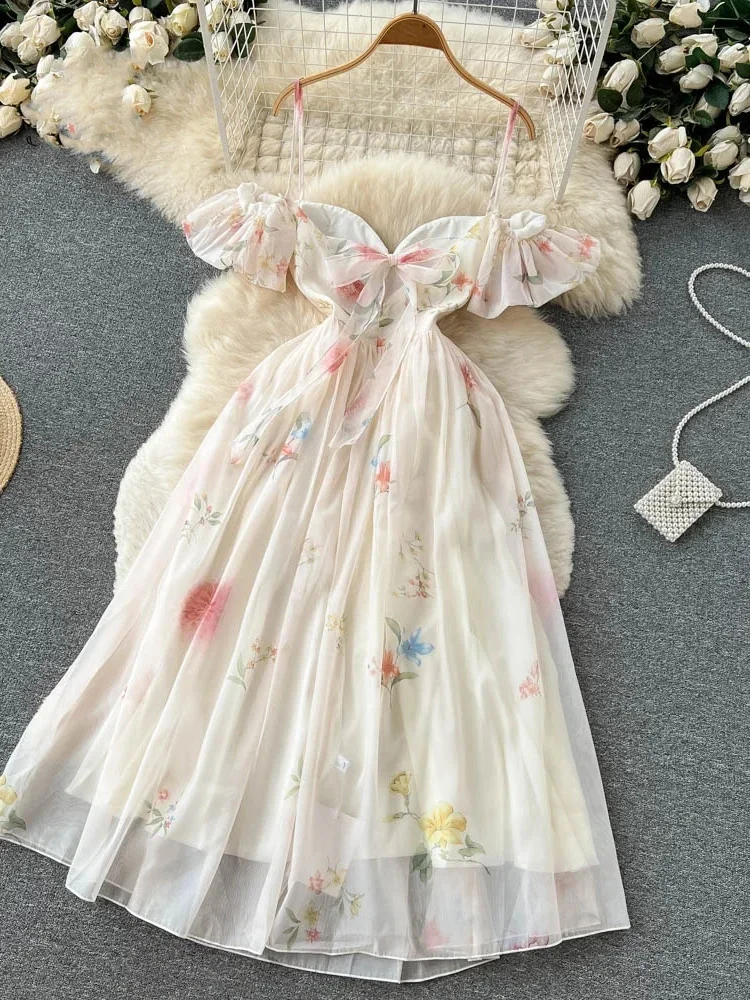 

Sweet Print Backless Bow Maxi Sundress Women's Sexy Off The Shoulder Strap Dress Summer Corset Lady's Strapless Long Dresses