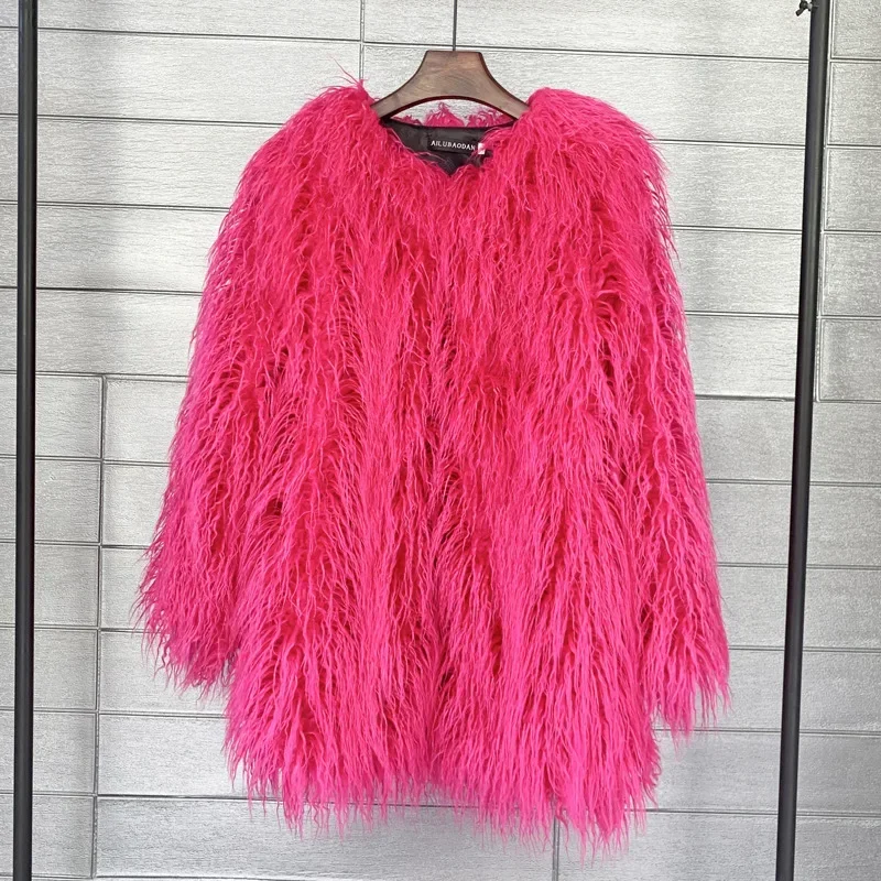 Mongolia Sheep Fur Women Medium Long Coat Jacket Colorful Warm Faux Fur Plush Coats Female Jacket Autumn Winter Furry Outerwear 3